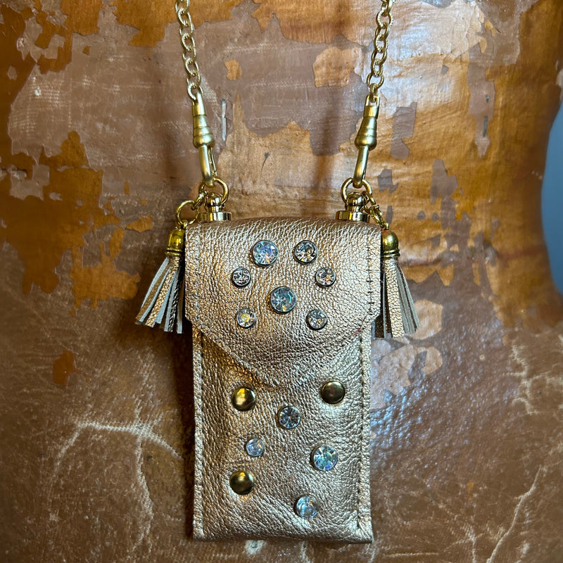 Gold Leather Pouch Necklace with AB Crystals