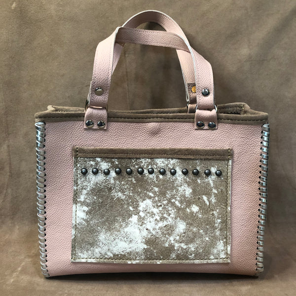 Blush pink leather petite tote with pony print pockets & silver accents