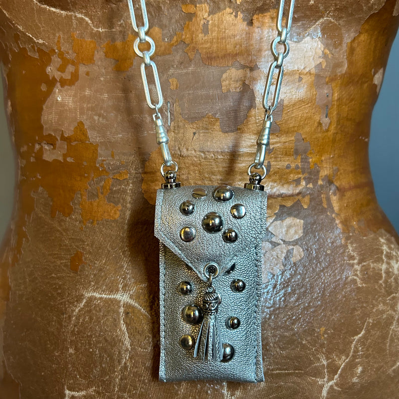 Silver leather pouch necklace with stud accents on long designer large chain.