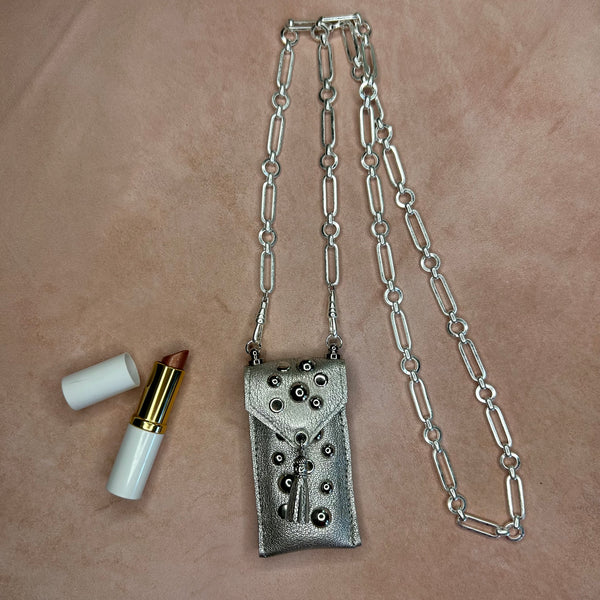 Silver leather pouch necklace on long chunky chain for your lipstick.