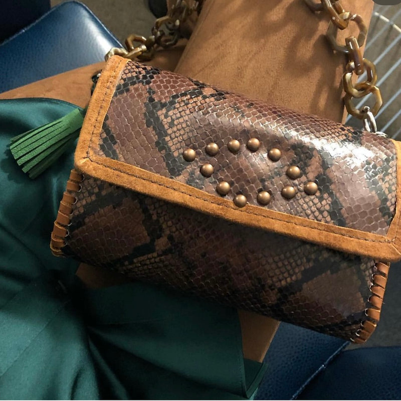 Brown Snake Print Mini Bag styled with brown & green outfit