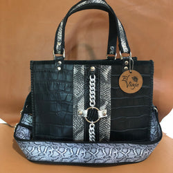Black croc print leather tote bag with python print shoulder strap