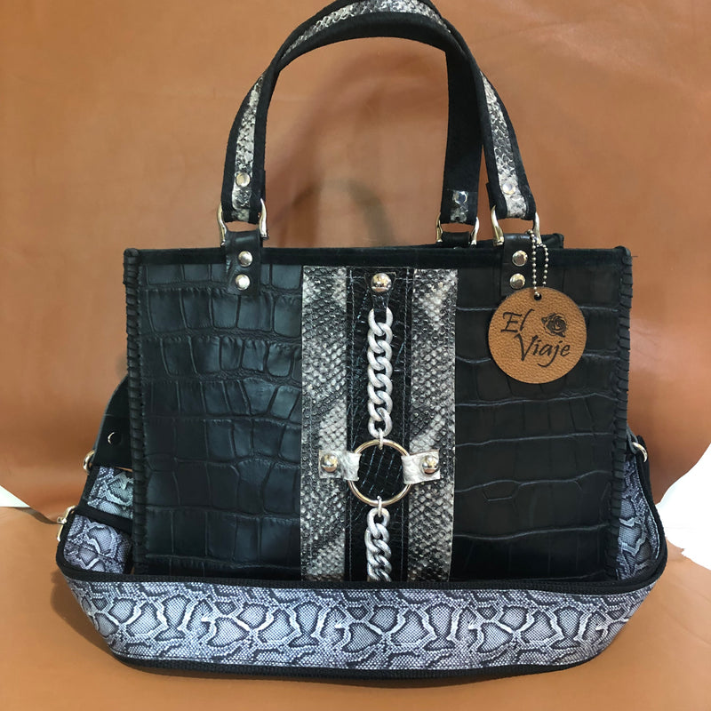 Black croc print leather tote bag with python print shoulder strap