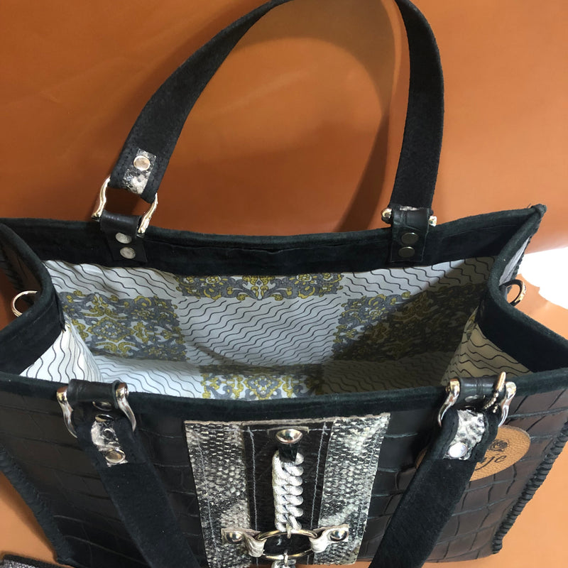 Interior view of vintage scarf lining in black croc print leather tote bag