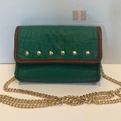 Emerald green leather mini bag, gold nailheads, brown leather trim, on long gold chain.