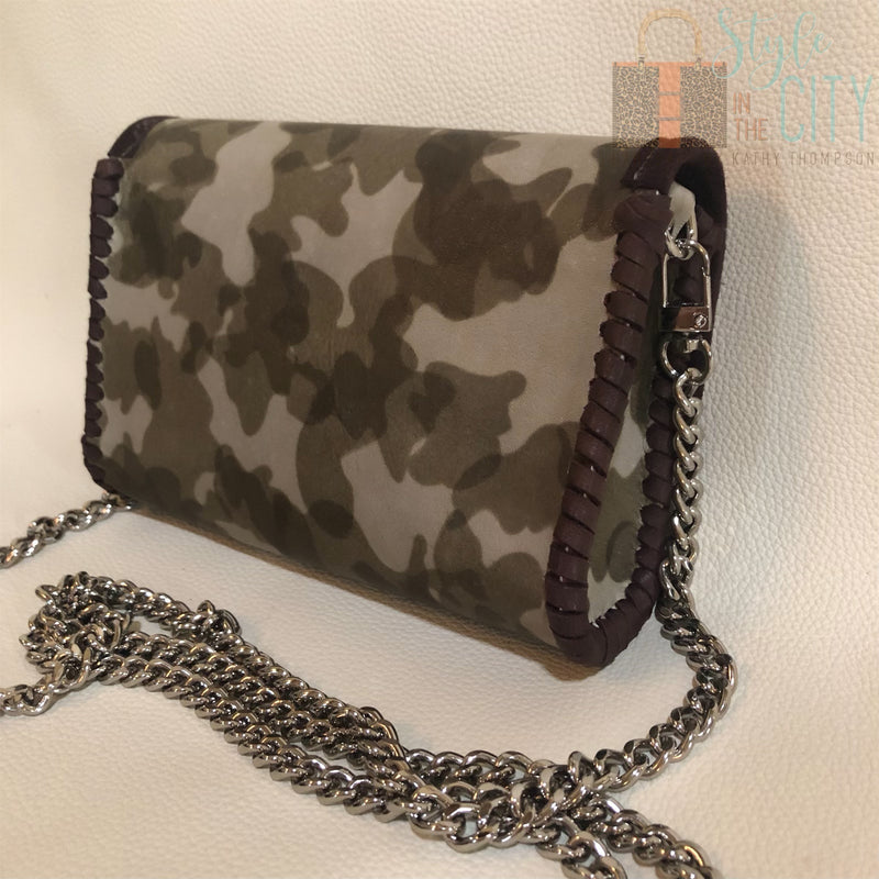 Back view of olive camo leather mini bag with chain strap