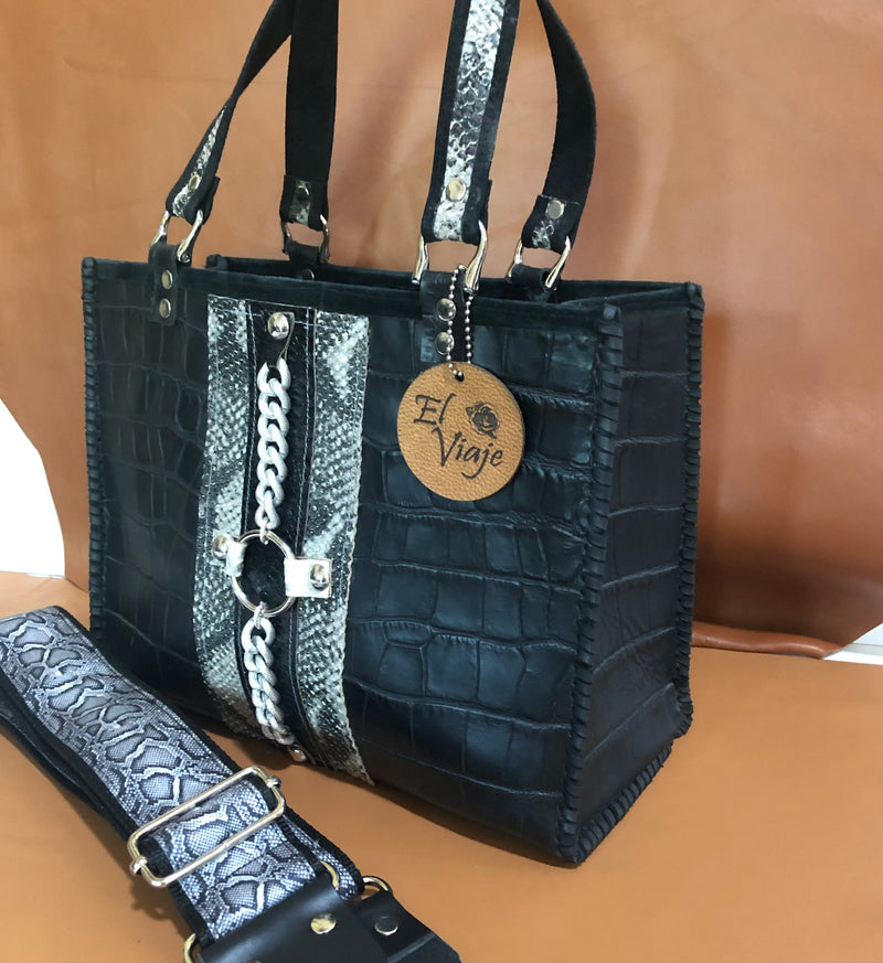 Black croc print leather tote bag with silver chain & python print leather accents