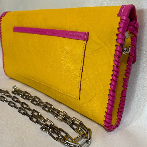 Back view with large pocket on yellow croc print leather bejeweled clutch bag