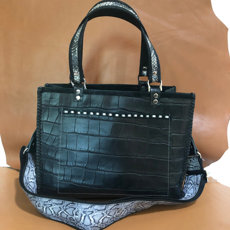 Back view of black croc print leather tote bag with large pocket
