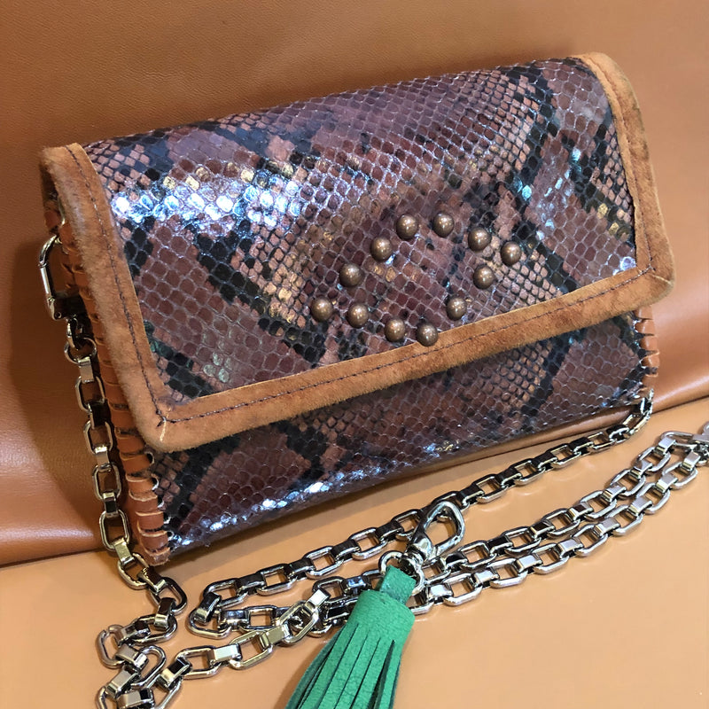 Brown snake print leather mini bag with nailheads and suede trim