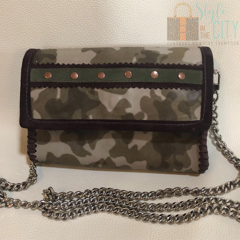 Olive camo leather mini bag with nailhead accents and chain strap