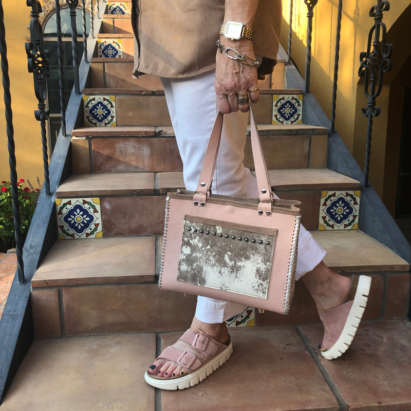 Styled View. Blush Pink Leather Petite Tote with pony print pocket