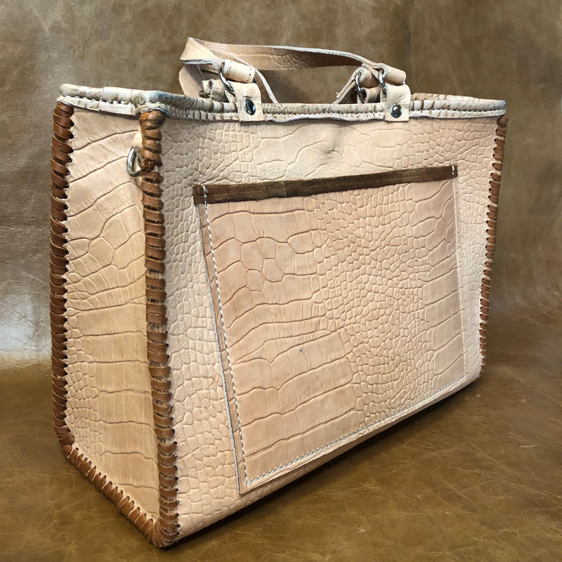 Back view with large open pocket on natural tone croc print leather tote.