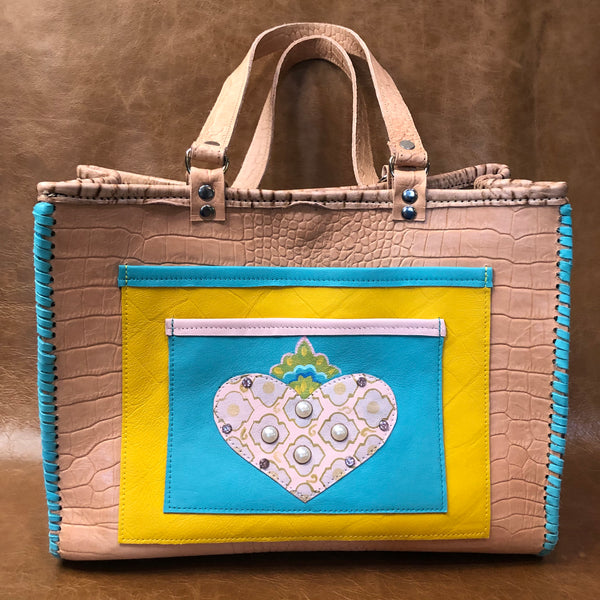 Tan croc print leather tote bag with pink heart applique