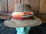 vintage hat-leather hat,aussie hat,serape and leather hat,vintage leather hat,leather cowboy hat,restyled cowgirl hat,western grunge hat,vintage serape hatband on leather hat,santa fe style hat,boho style hat,cowgirl hat,gypsy cowgirl style hat,western hat,western chic ladies hat,ladies leather cowgirl hat,flat brim hat,vintage leather flat brim hat,mod vintage couture hat