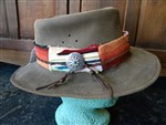 vintage hat-leather hat,aussie hat,serape and leather hat,vintage leather hat,leather cowboy hat,restyled cowgirl hat,western grunge hat,vintage serape hatband on leather hat,santa fe style hat,boho style hat,cowgirl hat,gypsy cowgirl style hat,western hat,western chic ladies hat,ladies leather cowgirl hat,flat brim hat,vintage leather flat brim hat,mod vintage couture hat