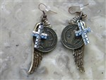 earrings-Brass wing earrings,rancher's daughter earrings,St Benedict earrings,religious medallion earrings,cross earrings,gypsy earrings,bohemian earrings