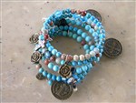 bracelet-rancher's daughter bracelet,coil bracelet,rancher's daughter jewelry,turquoise and brass charm bracelet,st benedict bracelet,cross bracelet,turquoise bead bracelet,religious bracelet