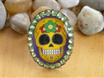 ring-sugar skull ring,crystal ring,sugar skull image ring,image ring,rancher's daughter ring,yellow sugar skull ring with lime crystals,day of the dead ring