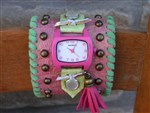 Watch-bronco billie leather cuff watch,leather cuff watch,carmelita tejas leather cuff watch,pink watch,pink and lime watch,pink leather watch,cowgirl watch,gypsy cowgirl watch,bohemian watch
