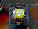 Watch-leather cuff,leather cuff watch,leopard watch,leopard and turquoise watch,watch cuff,cowgirl watch,cowgirl gypsy watch,bohemian cuff watch,carmelita tejas leather cuff watch,bronco billie leather cuff watch