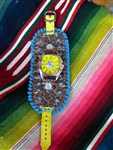 Watch-leather cuff,leather cuff watch,leopard watch,leopard and turquoise watch,watch cuff,cowgirl watch,cowgirl gypsy watch,bohemian cuff watch,carmelita tejas leather cuff watch,bronco billie leather cuff watch