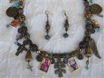 necklace set-relic necklace,religious necklace,St Francis,charm necklace,cross necklace,metal bead necklace,gypsy necklace,cowgirl necklace,boho necklace,bohemian necklace,altered art necklace,religious art necklace,Dia de los Muertos necklace, day of the dead necklace, religious artifact necklace,saints necklace,