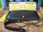 handbag-carmelita tejas handbag,carmelita tejas leather clutch,black tooled leather clutch,embellished clutch,cowgirl chic handbag,gypsy cowgirl clutch,crystal and stud clutch,retro Mexico handbag 
