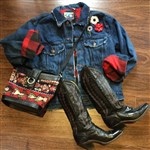 vintage jacket-vintage denim jacket,grunge denim,vintage grunge denim,western denim jacket,vintage jean jacket,denim and buffalo plaid jacket,upstyled denim jacket,denim jacket with red plaid lining,hipster chic,boho chic,gypsy cowgirl style,cowgirl style denim,cowgirl fashion,boho fashion,hipster fashion,vintage denim clothing
