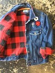 vintage jacket-vintage denim jacket,grunge denim,vintage grunge denim,western denim jacket,vintage jean jacket,denim and buffalo plaid jacket,upstyled denim jacket,denim jacket with red plaid lining,hipster chic,boho chic,gypsy cowgirl style,cowgirl style denim,cowgirl fashion,boho fashion,hipster fashion,vintage denim clothing