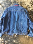 vintage jacket-vintage denim jacket,grunge denim,vintage grunge denim,western denim jacket,vintage jean jacket,denim and buffalo plaid jacket,upstyled denim jacket,denim jacket with red plaid lining,hipster chic,boho chic,gypsy cowgirl style,cowgirl style denim,cowgirl fashion,boho fashion,hipster fashion,vintage denim clothing